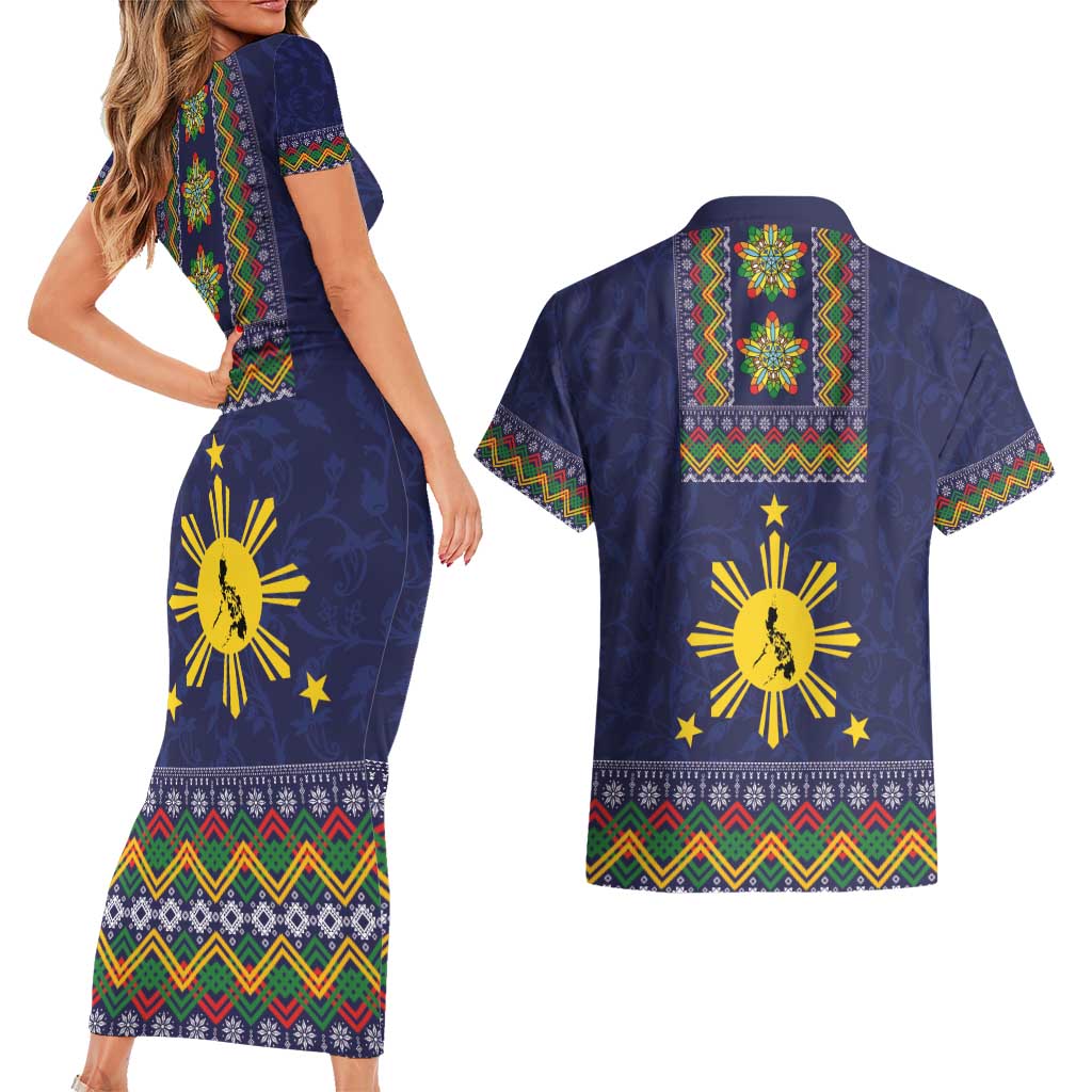 Philippines Merry Christmas Couples Matching Short Sleeve Bodycon Dress and Hawaiian Shirt Maligayang Pasko with Parol and Xmas Pattern Barong Style LT03 - Polynesian Pride