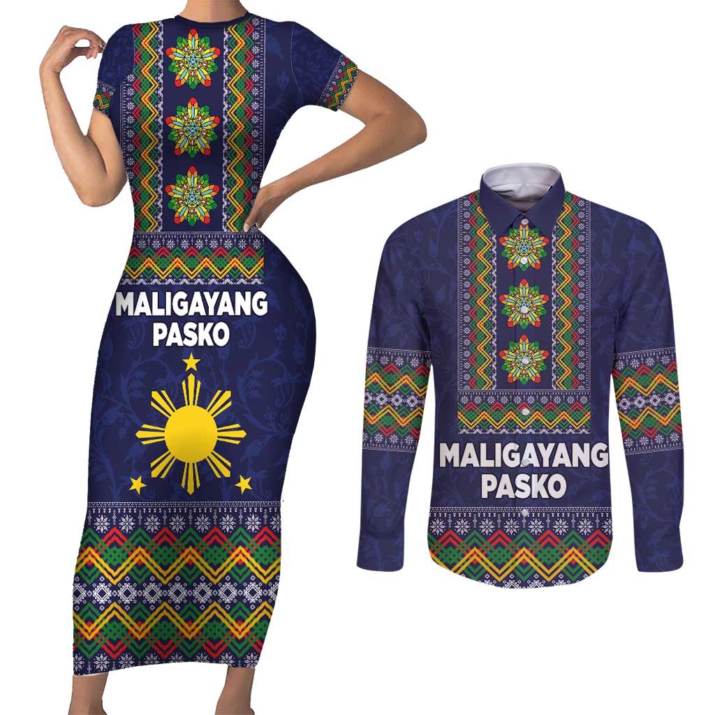 Philippines Merry Christmas Couples Matching Short Sleeve Bodycon Dress and Long Sleeve Button Shirt Maligayang Pasko with Parol and Xmas Pattern Barong Style LT03 Blue - Polynesian Pride