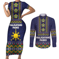 Philippines Merry Christmas Couples Matching Short Sleeve Bodycon Dress and Long Sleeve Button Shirt Maligayang Pasko with Parol and Xmas Pattern Barong Style LT03 Blue - Polynesian Pride