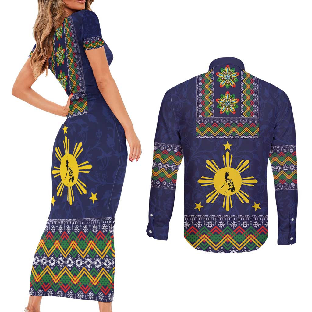 Philippines Merry Christmas Couples Matching Short Sleeve Bodycon Dress and Long Sleeve Button Shirt Maligayang Pasko with Parol and Xmas Pattern Barong Style LT03 - Polynesian Pride