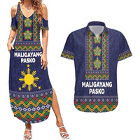 Philippines Merry Christmas Couples Matching Summer Maxi Dress and Hawaiian Shirt Maligayang Pasko with Parol and Xmas Pattern Barong Style LT03 Blue - Polynesian Pride