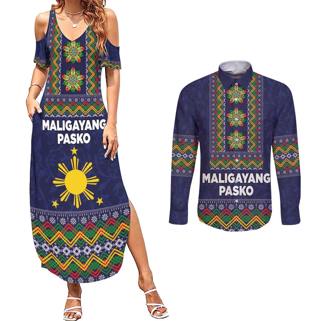 Philippines Merry Christmas Couples Matching Summer Maxi Dress and Long Sleeve Button Shirt Maligayang Pasko with Parol and Xmas Pattern Barong Style LT03 Blue - Polynesian Pride