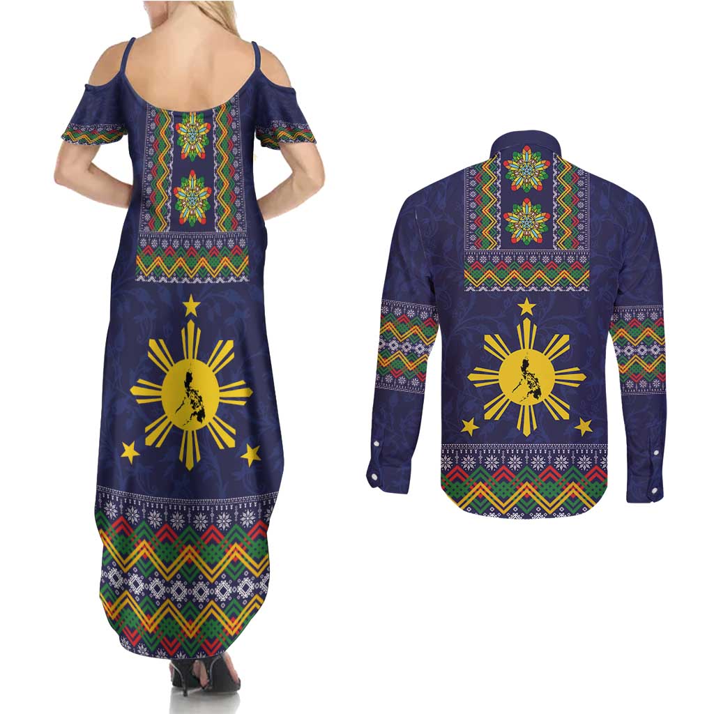Philippines Merry Christmas Couples Matching Summer Maxi Dress and Long Sleeve Button Shirt Maligayang Pasko with Parol and Xmas Pattern Barong Style LT03 - Polynesian Pride