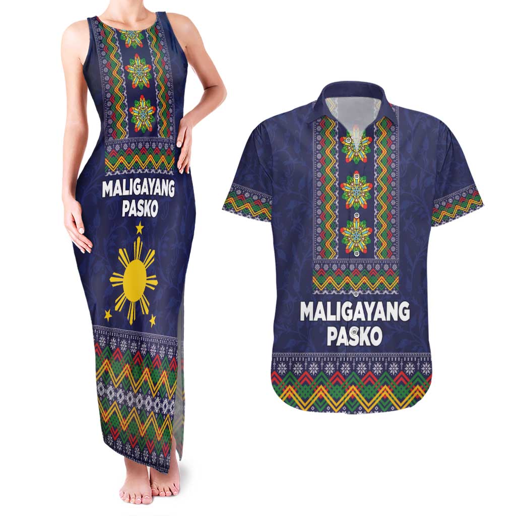Philippines Merry Christmas Couples Matching Tank Maxi Dress and Hawaiian Shirt Maligayang Pasko with Parol and Xmas Pattern Barong Style LT03 Blue - Polynesian Pride