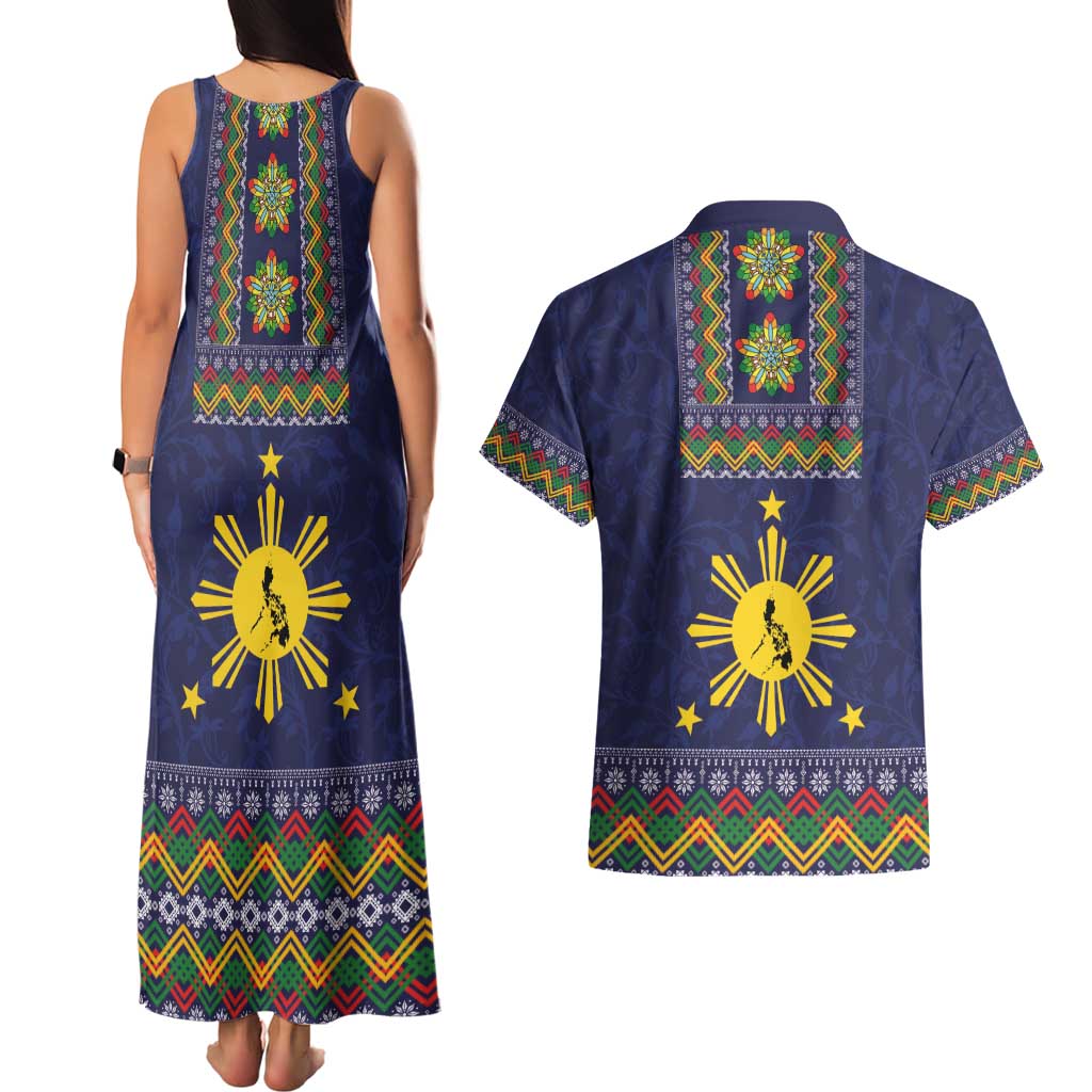 Philippines Merry Christmas Couples Matching Tank Maxi Dress and Hawaiian Shirt Maligayang Pasko with Parol and Xmas Pattern Barong Style LT03 - Polynesian Pride