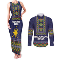 Philippines Merry Christmas Couples Matching Tank Maxi Dress and Long Sleeve Button Shirt Maligayang Pasko with Parol and Xmas Pattern Barong Style LT03 Blue - Polynesian Pride