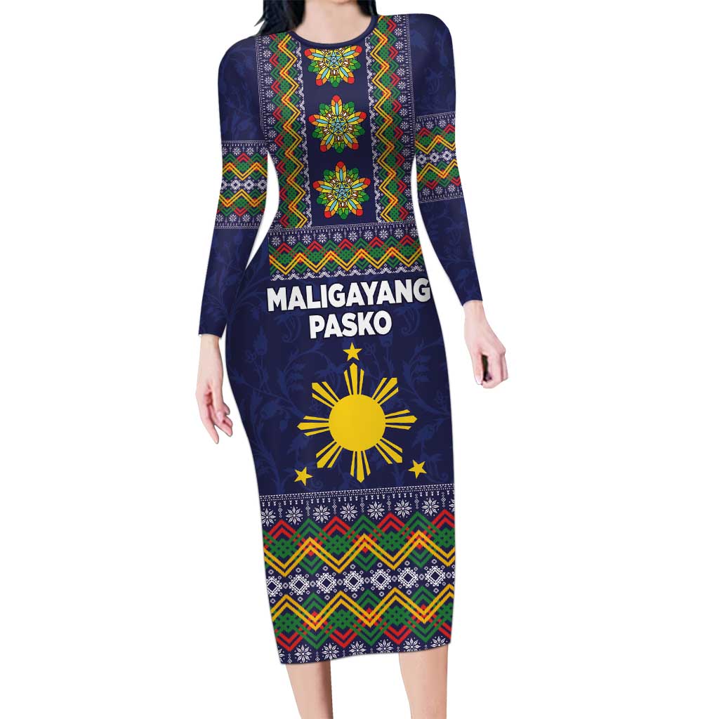 Philippines Merry Christmas Family Matching Long Sleeve Bodycon Dress and Hawaiian Shirt Maligayang Pasko with Parol and Xmas Pattern Barong Style LT03 Mom's Dress Blue - Polynesian Pride