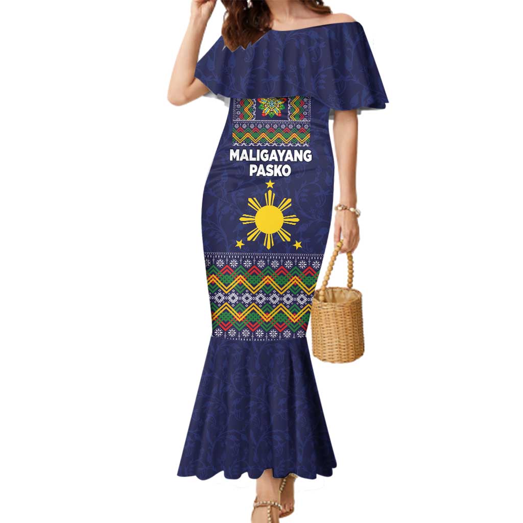 Philippines Merry Christmas Family Matching Mermaid Dress and Hawaiian Shirt Maligayang Pasko with Parol and Xmas Pattern Barong Style LT03 Mom's Dress Blue - Polynesian Pride
