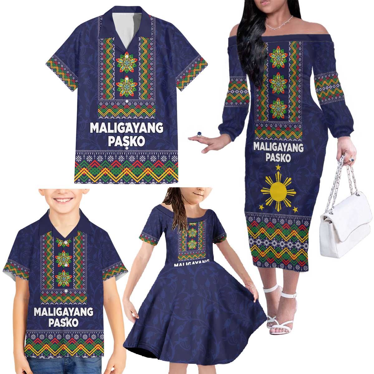 Philippines Merry Christmas Family Matching Off The Shoulder Long Sleeve Dress and Hawaiian Shirt Maligayang Pasko with Parol and Xmas Pattern Barong Style LT03 - Polynesian Pride