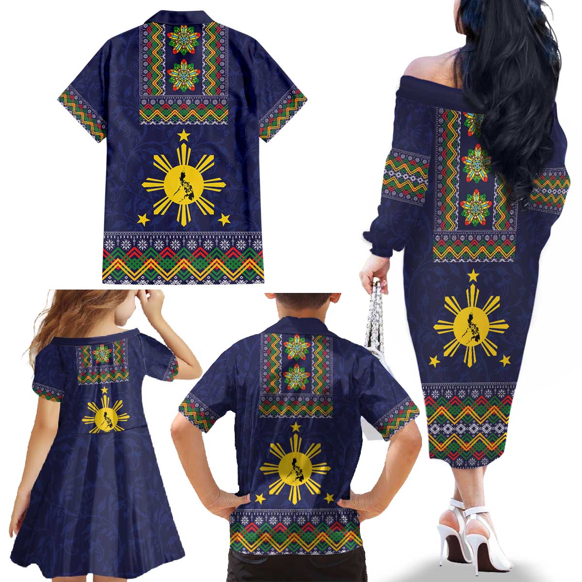 Philippines Merry Christmas Family Matching Off The Shoulder Long Sleeve Dress and Hawaiian Shirt Maligayang Pasko with Parol and Xmas Pattern Barong Style LT03 - Polynesian Pride