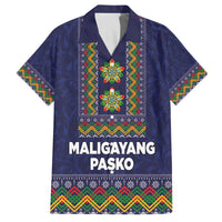 Philippines Merry Christmas Family Matching Off The Shoulder Long Sleeve Dress and Hawaiian Shirt Maligayang Pasko with Parol and Xmas Pattern Barong Style LT03 Dad's Shirt - Short Sleeve Blue - Polynesian Pride