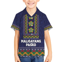 Philippines Merry Christmas Family Matching Off The Shoulder Long Sleeve Dress and Hawaiian Shirt Maligayang Pasko with Parol and Xmas Pattern Barong Style LT03 Son's Shirt Blue - Polynesian Pride