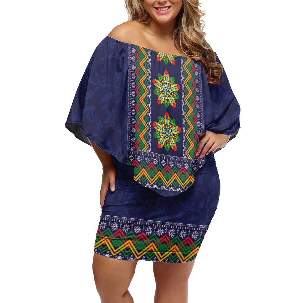 Philippines Merry Christmas Family Matching Off Shoulder Short Dress and Hawaiian Shirt Maligayang Pasko with Parol and Xmas Pattern Barong Style LT03 Mom's Dress Blue - Polynesian Pride
