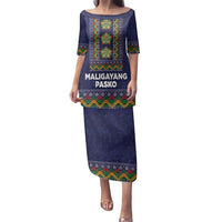 Philippines Merry Christmas Family Matching Puletasi and Hawaiian Shirt Maligayang Pasko with Parol and Xmas Pattern Barong Style LT03 Mom's Dress Blue - Polynesian Pride