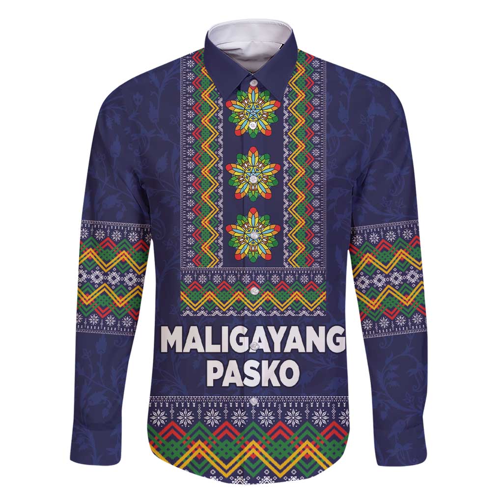 Philippines Merry Christmas Family Matching Short Sleeve Bodycon Dress and Hawaiian Shirt Maligayang Pasko with Parol and Xmas Pattern Barong Style LT03 Dad's Shirt - Long Sleeve Blue - Polynesian Pride