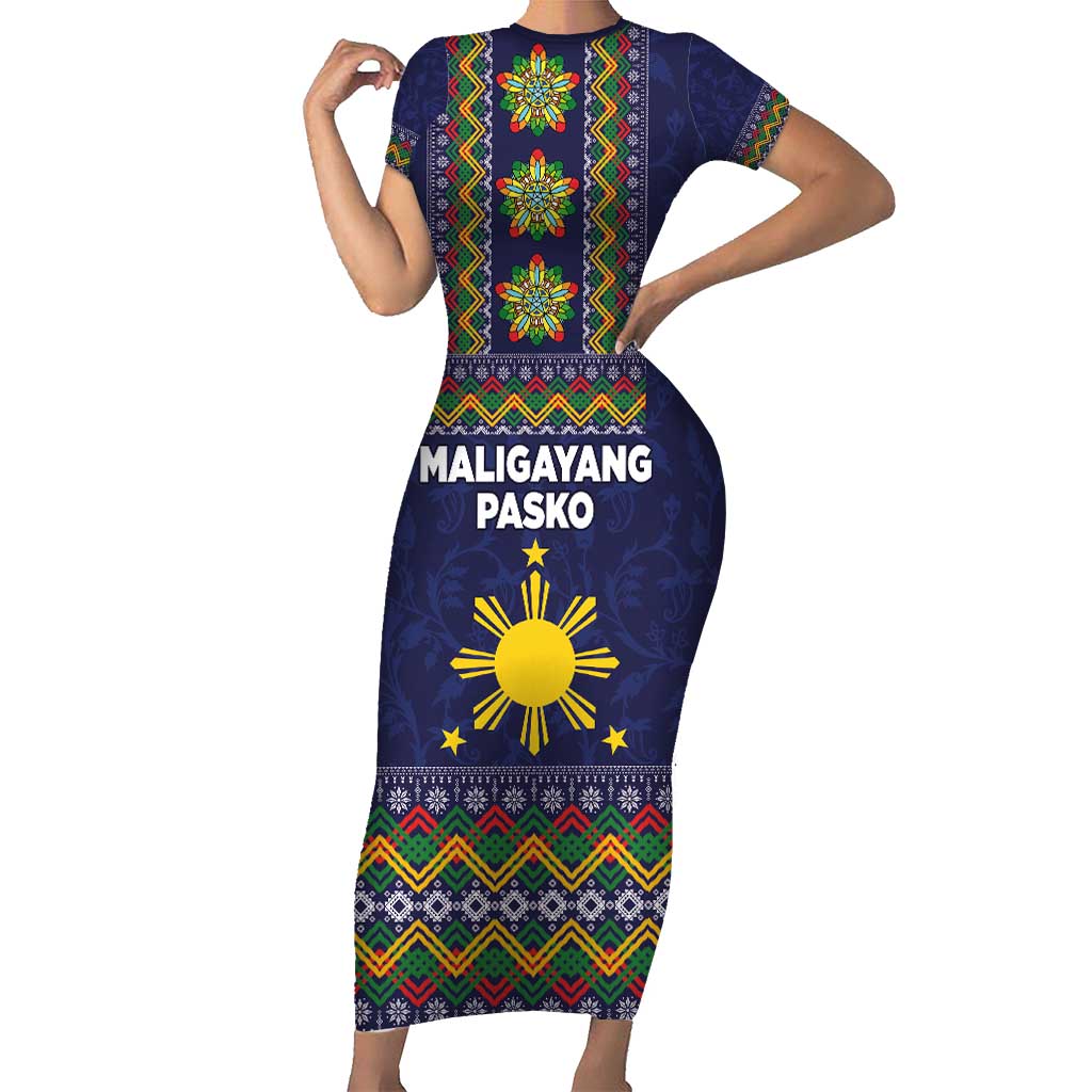 Philippines Merry Christmas Family Matching Short Sleeve Bodycon Dress and Hawaiian Shirt Maligayang Pasko with Parol and Xmas Pattern Barong Style LT03 Mom's Dress Blue - Polynesian Pride