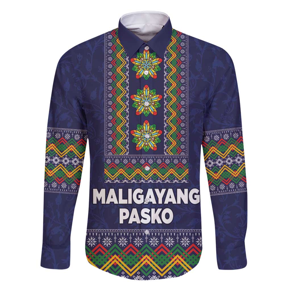 Philippines Merry Christmas Family Matching Tank Maxi Dress and Hawaiian Shirt Maligayang Pasko with Parol and Xmas Pattern Barong Style LT03 Dad's Shirt - Long Sleeve Blue - Polynesian Pride