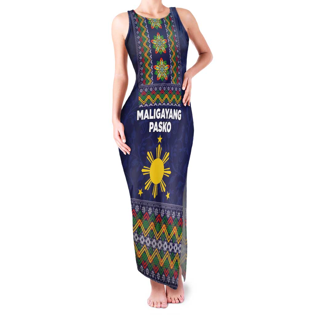 Philippines Merry Christmas Family Matching Tank Maxi Dress and Hawaiian Shirt Maligayang Pasko with Parol and Xmas Pattern Barong Style LT03 Mom's Dress Blue - Polynesian Pride