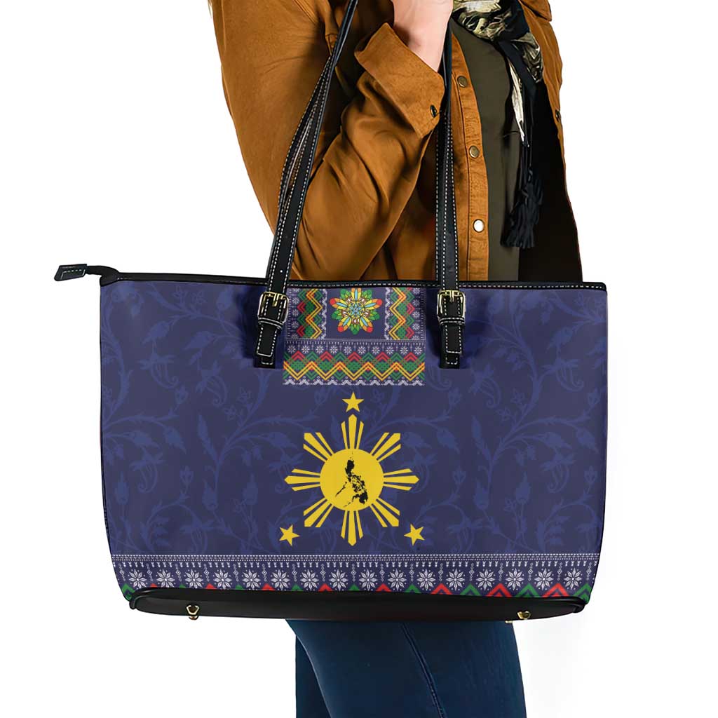 Philippines Merry Christmas Leather Tote Bag Maligayang Pasko with Parol and Xmas Pattern Barong Style