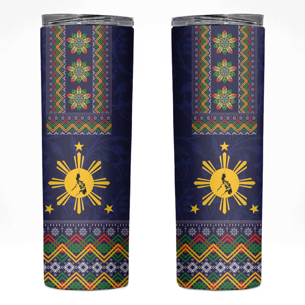 Philippines Merry Christmas Skinny Tumbler Maligayang Pasko with Parol and Xmas Pattern Barong Style LT03 Blue - Polynesian Pride
