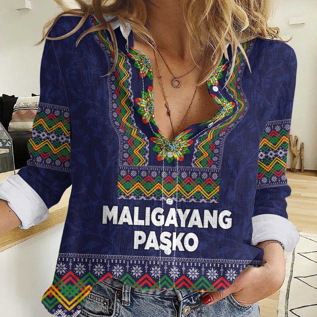 Philippines Merry Christmas Women Casual Shirt Maligayang Pasko with Parol and Xmas Pattern Barong Style LT03 Female Blue - Polynesian Pride