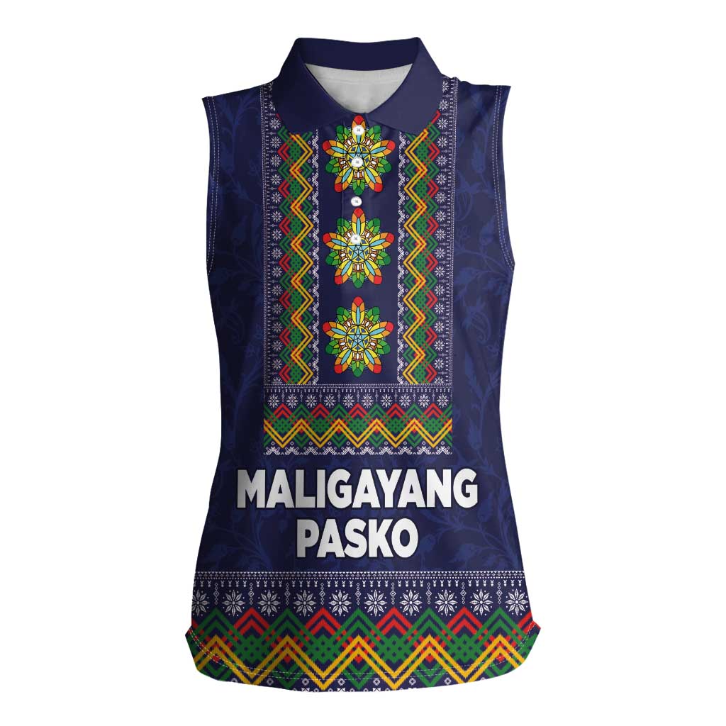 Philippines Merry Christmas Women Sleeveless Polo Shirt Maligayang Pasko with Parol and Xmas Pattern Barong Style LT03 Female Blue - Polynesian Pride