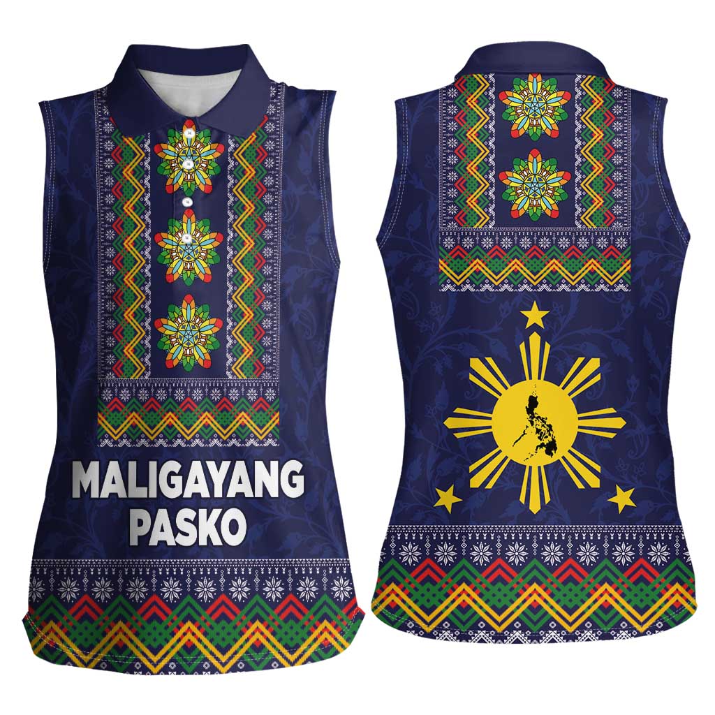 Philippines Merry Christmas Women Sleeveless Polo Shirt Maligayang Pasko with Parol and Xmas Pattern Barong Style LT03 - Polynesian Pride