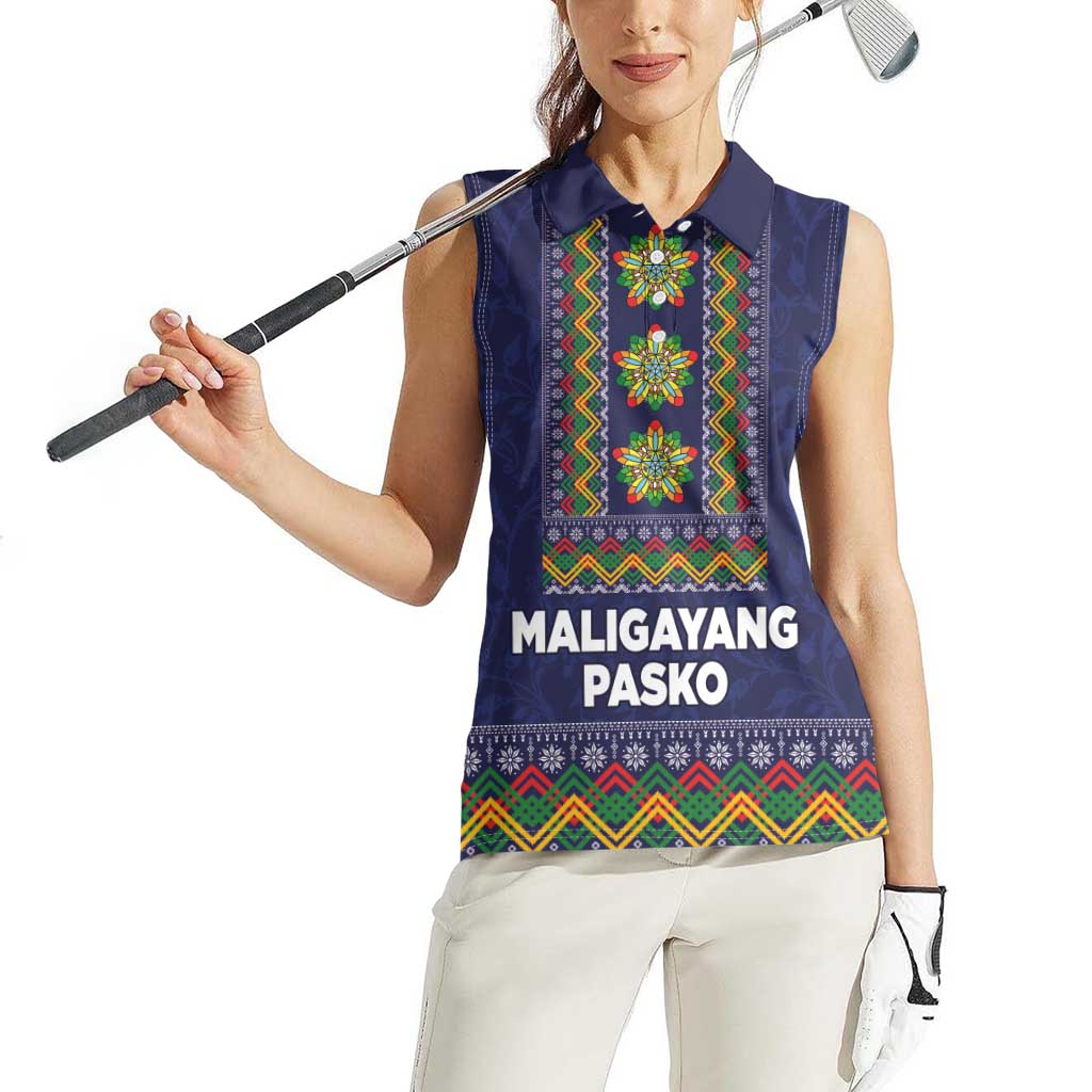 Philippines Merry Christmas Women Sleeveless Polo Shirt Maligayang Pasko with Parol and Xmas Pattern Barong Style LT03 - Polynesian Pride