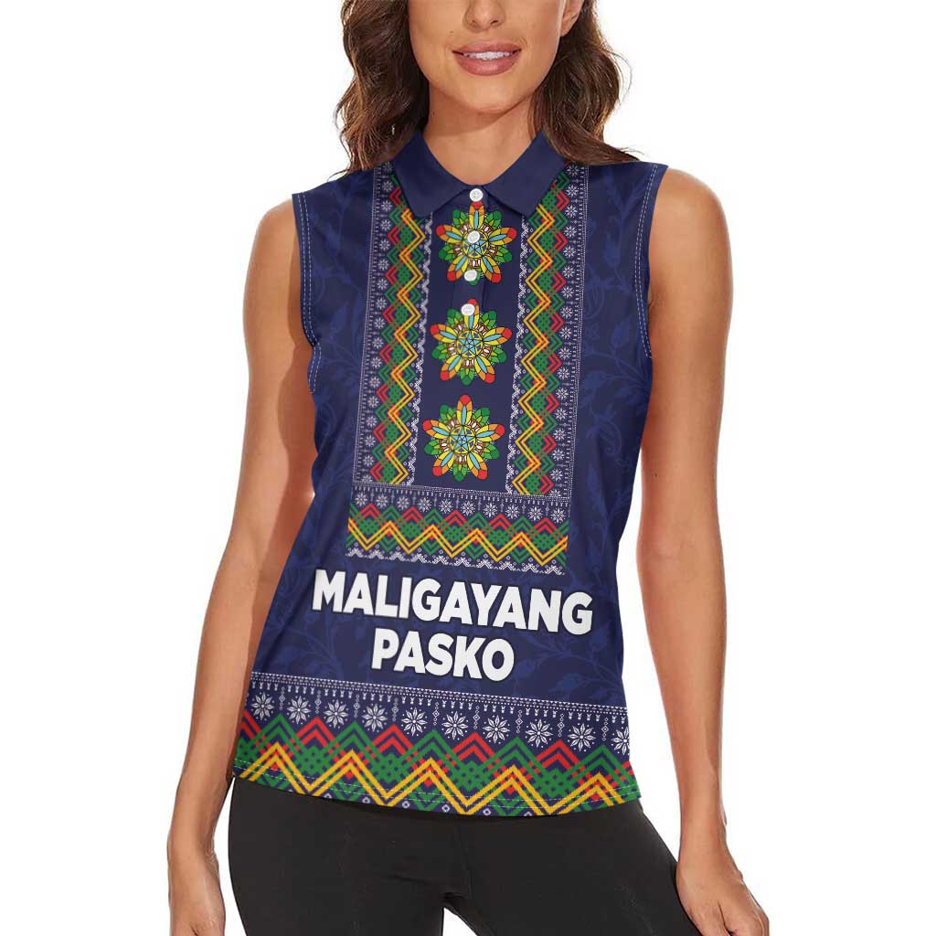 Philippines Merry Christmas Women Sleeveless Polo Shirt Maligayang Pasko with Parol and Xmas Pattern Barong Style LT03 - Polynesian Pride