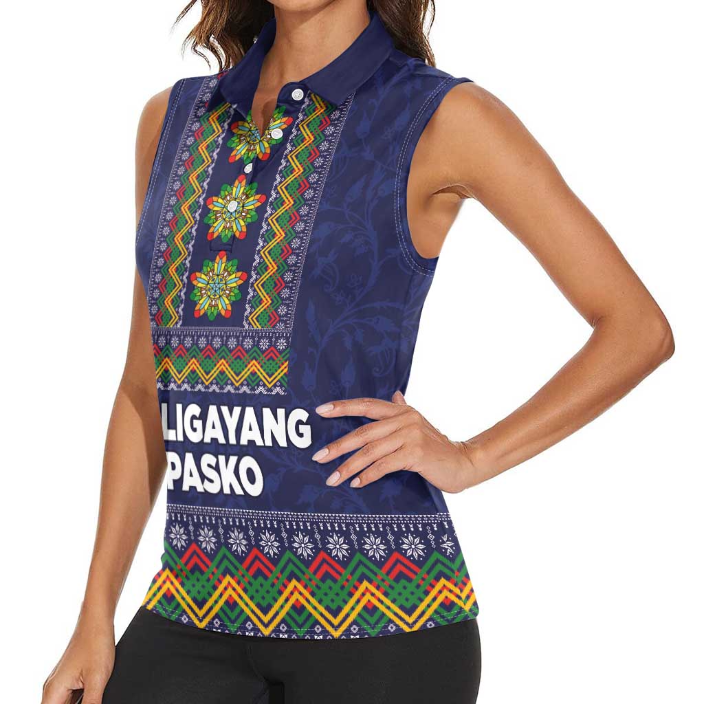 Philippines Merry Christmas Women Sleeveless Polo Shirt Maligayang Pasko with Parol and Xmas Pattern Barong Style LT03 - Polynesian Pride