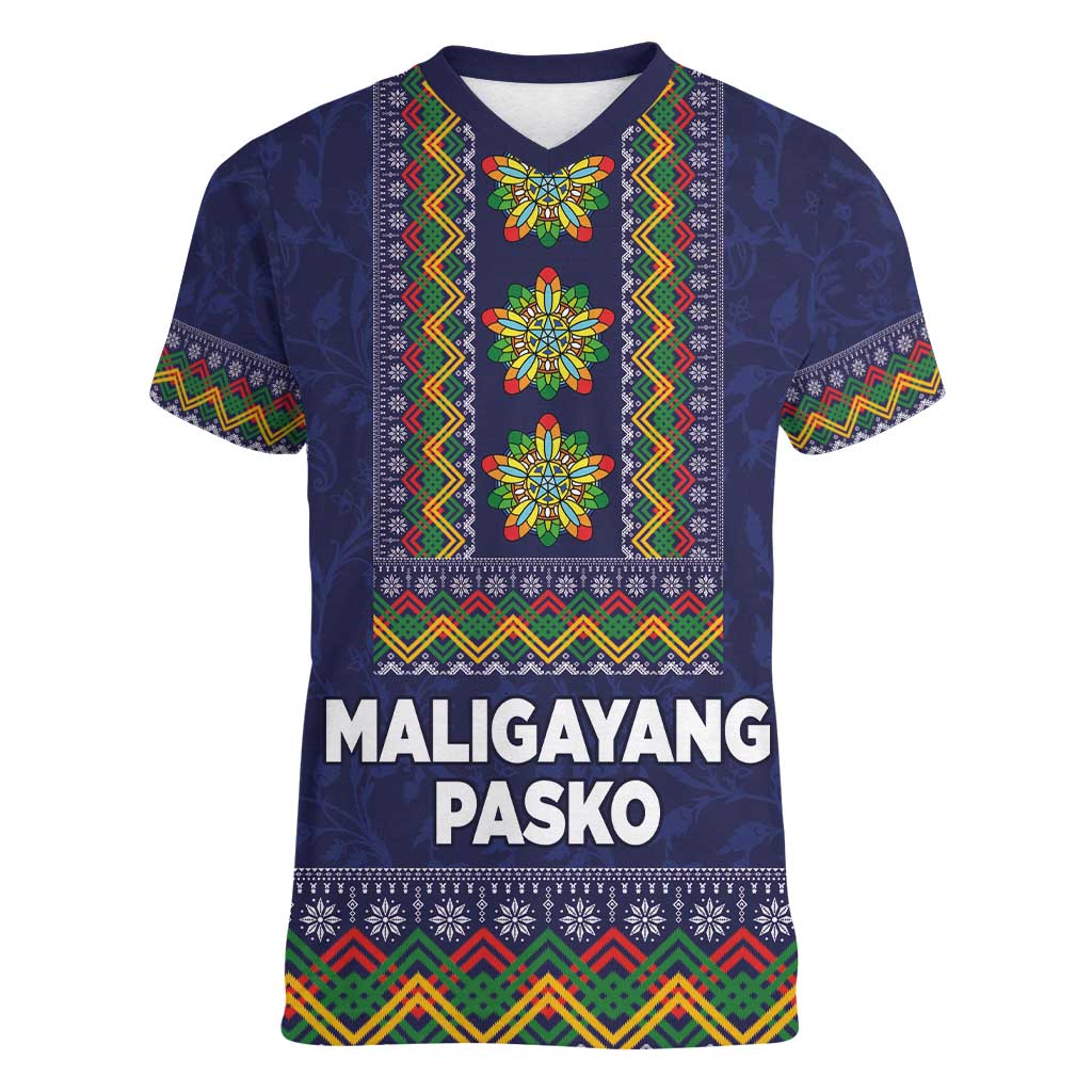 Philippines Merry Christmas Women V-Neck T-Shirt Maligayang Pasko with Parol and Xmas Pattern Barong Style LT03 Female Blue - Polynesian Pride