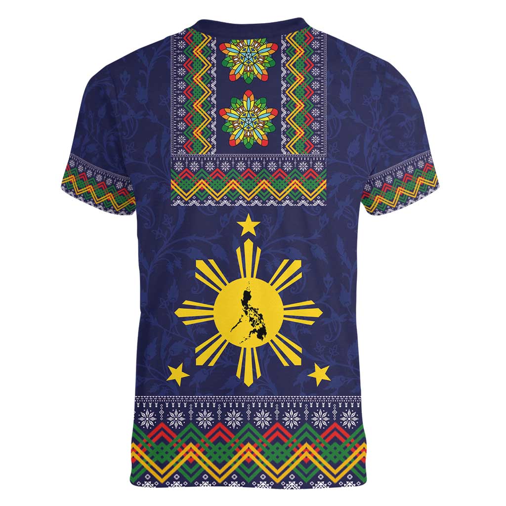 Philippines Merry Christmas Women V-Neck T-Shirt Maligayang Pasko with Parol and Xmas Pattern Barong Style LT03 - Polynesian Pride