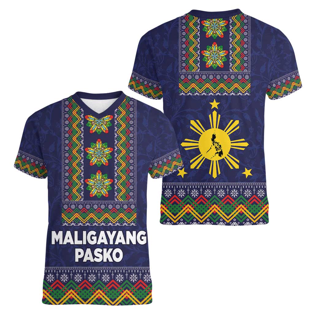 Philippines Merry Christmas Women V-Neck T-Shirt Maligayang Pasko with Parol and Xmas Pattern Barong Style LT03 - Polynesian Pride