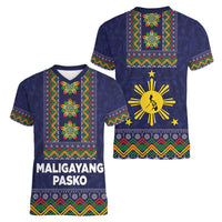 Philippines Merry Christmas Women V-Neck T-Shirt Maligayang Pasko with Parol and Xmas Pattern Barong Style LT03 - Polynesian Pride