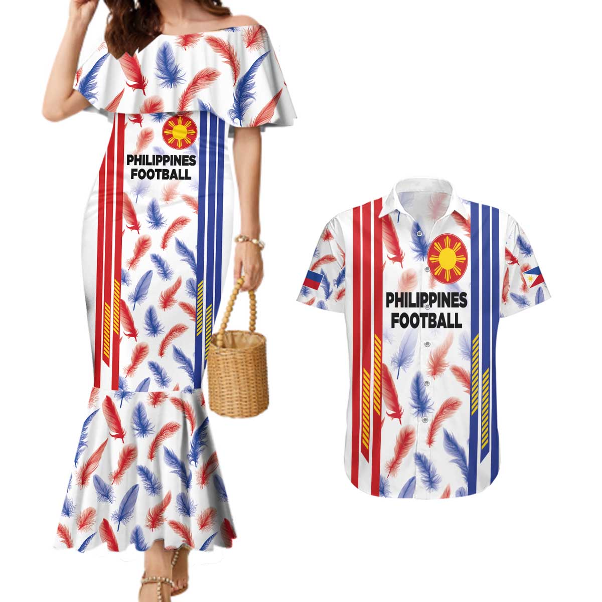 Custom Philippines Champions Football Jersey Couples Matching Mermaid Dress and Hawaiian Shirt LT03 White - Polynesian Pride