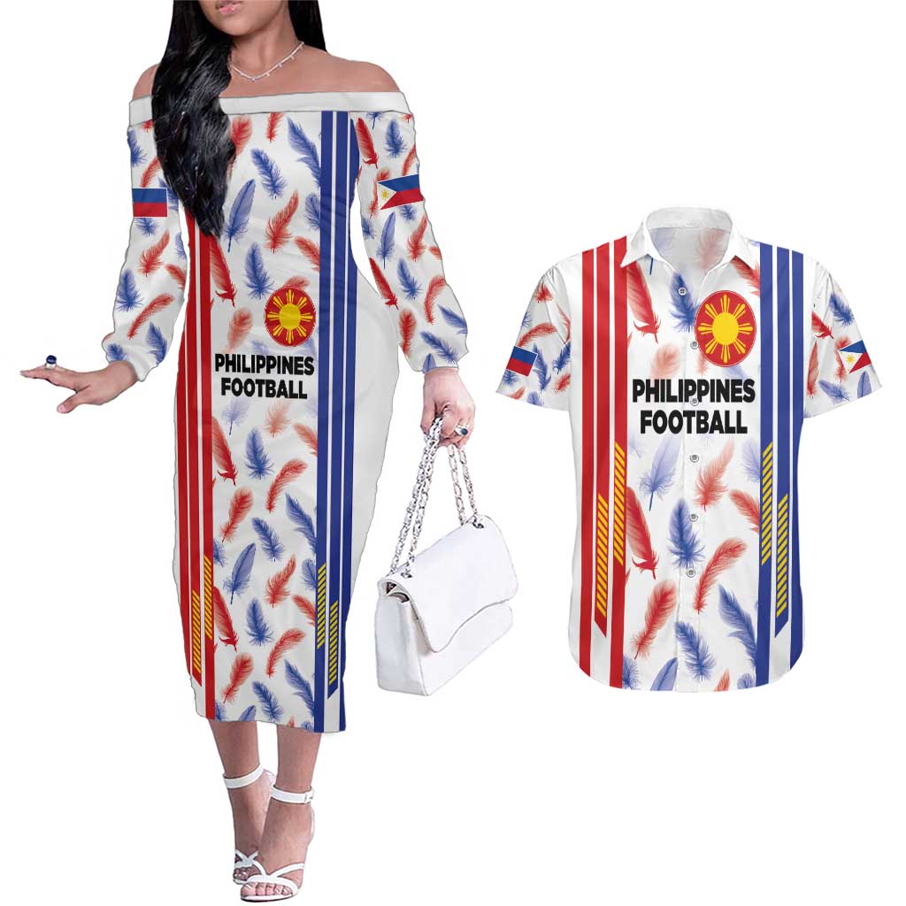 Custom Philippines Champions Football Jersey Couples Matching Off The Shoulder Long Sleeve Dress and Hawaiian Shirt LT03 White - Polynesian Pride