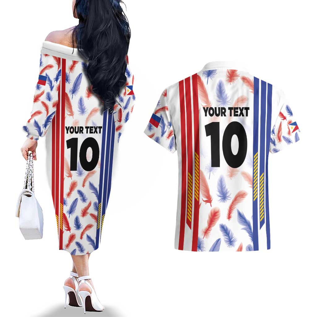 Custom Philippines Champions Football Jersey Couples Matching Off The Shoulder Long Sleeve Dress and Hawaiian Shirt LT03 - Polynesian Pride