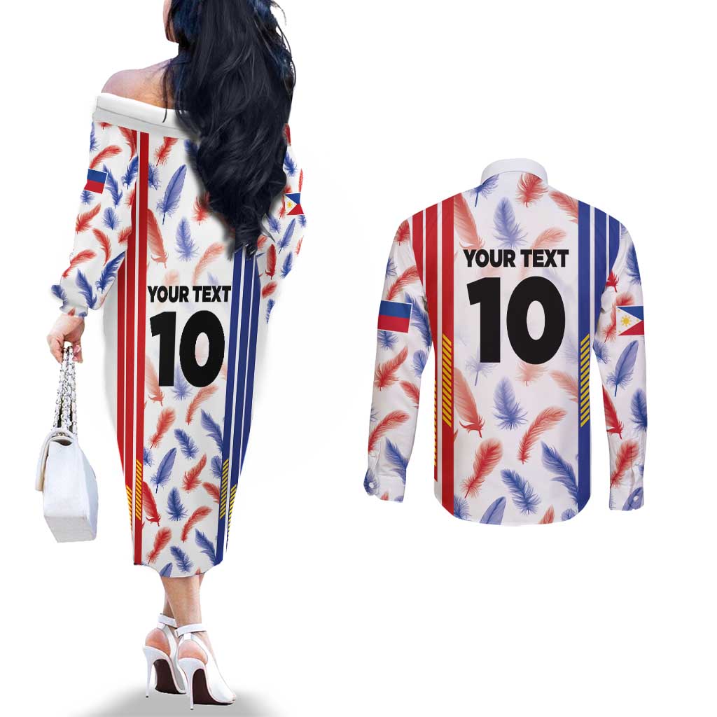 Custom Philippines Champions Football Jersey Couples Matching Off The Shoulder Long Sleeve Dress and Long Sleeve Button Shirt LT03 - Polynesian Pride