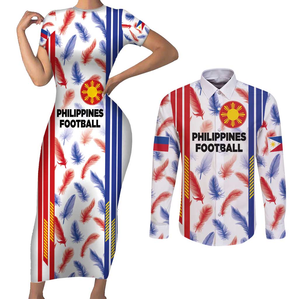 Custom Philippines Champions Football Jersey Couples Matching Short Sleeve Bodycon Dress and Long Sleeve Button Shirt LT03 White - Polynesian Pride