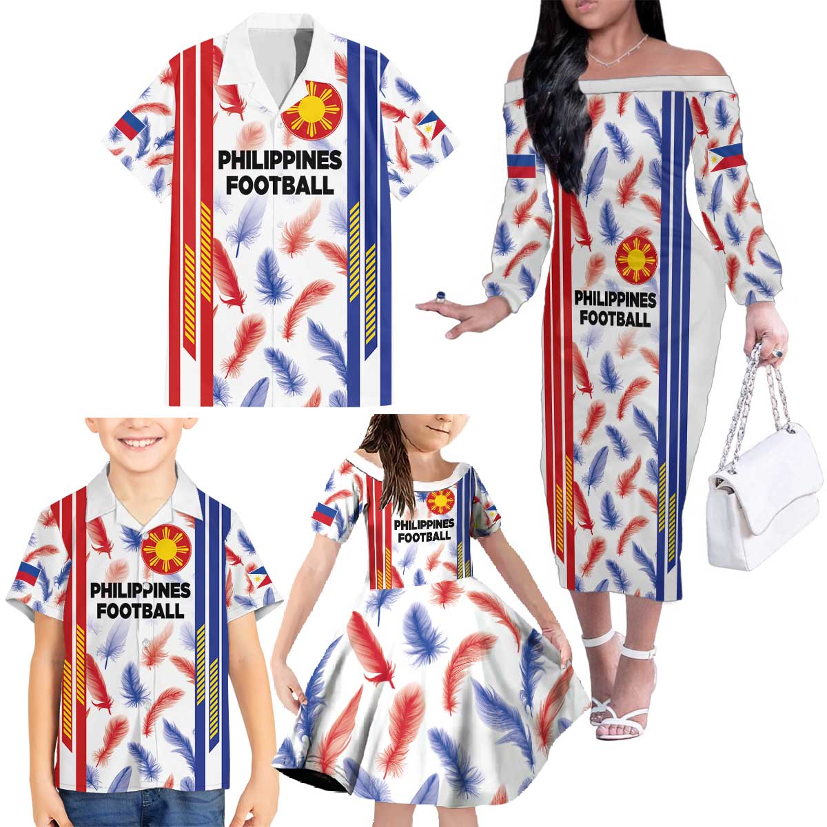 Custom Philippines Champions Football Jersey Family Matching Off The Shoulder Long Sleeve Dress and Hawaiian Shirt LT03 - Polynesian Pride