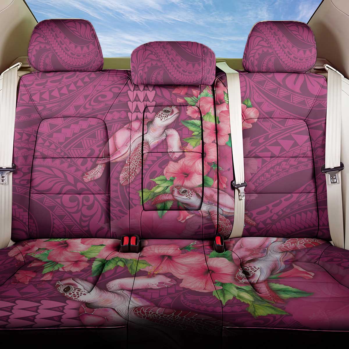 Hawaiian Turtle Love Couple Back Car Seat Cover - Sweet Hibiscus and Kakau Pattern Rose Color LT03 One Size Pink - Polynesian Pride