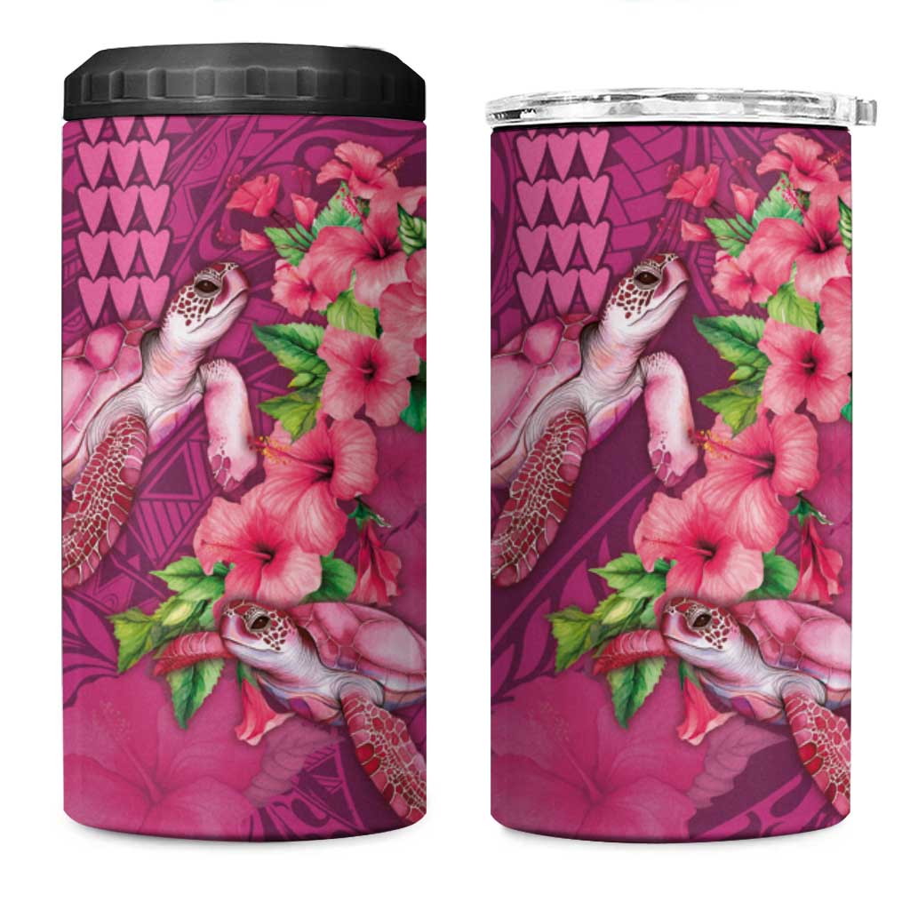 Hawaiian Turtle Love Couple 4 in 1 Can Cooler Tumbler Sweet Hibiscus and Kakau Pattern Rose Color LT03 One Size: 16 oz Pink - Polynesian Pride