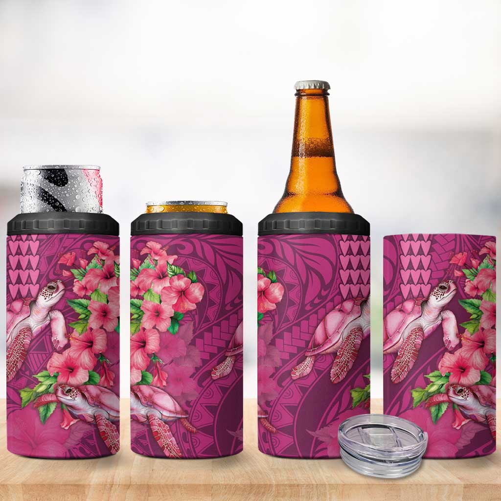 Hawaiian Turtle Love Couple 4 in 1 Can Cooler Tumbler Sweet Hibiscus and Kakau Pattern Rose Color LT03 - Polynesian Pride