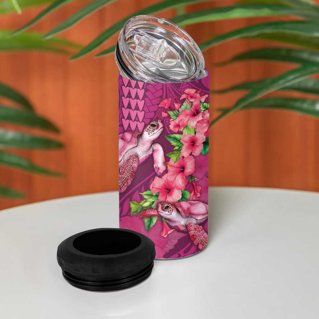 Hawaiian Turtle Love Couple 4 in 1 Can Cooler Tumbler Sweet Hibiscus and Kakau Pattern Rose Color LT03 - Polynesian Pride