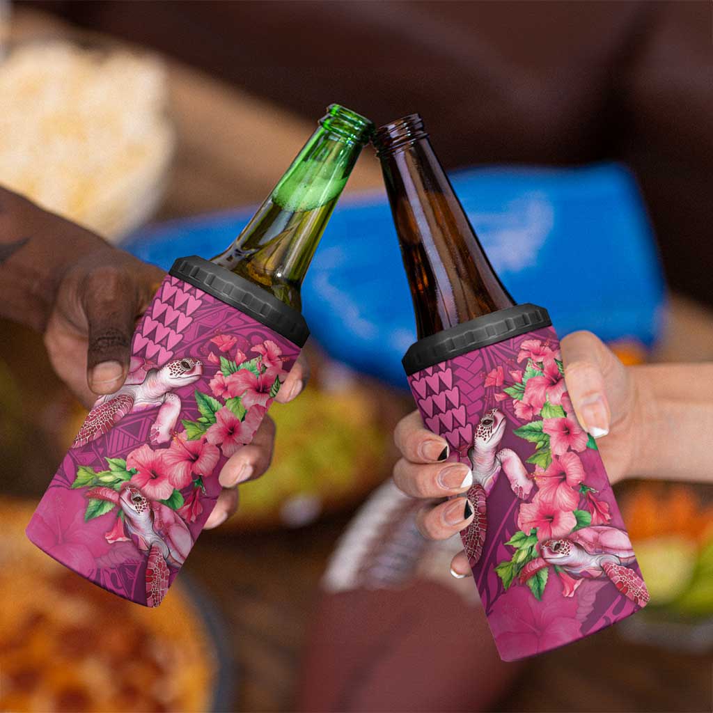 Hawaiian Turtle Love Couple 4 in 1 Can Cooler Tumbler Sweet Hibiscus and Kakau Pattern Rose Color LT03 - Polynesian Pride