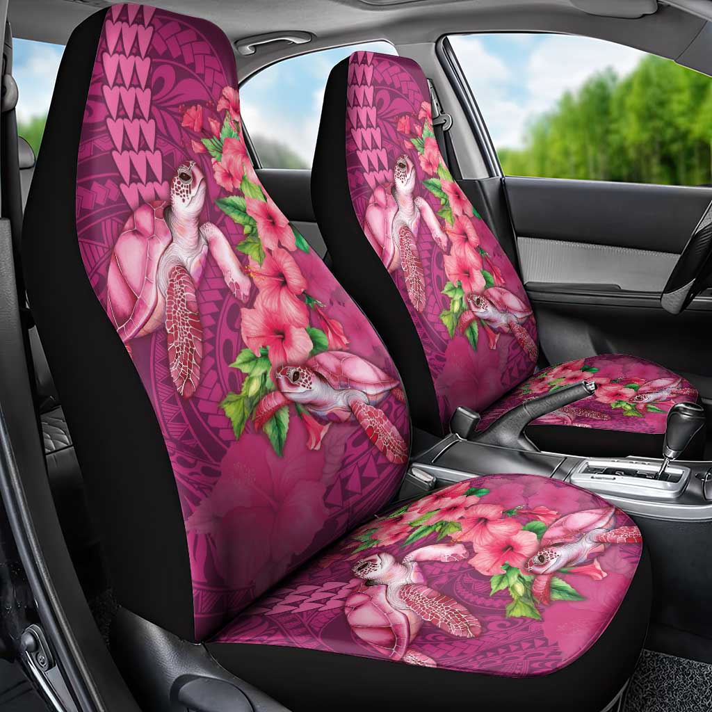 Hawaiian Turtle Love Couple Car Seat Cover - Sweet Hibiscus and Kakau Pattern Rose Color LT03 - Polynesian Pride