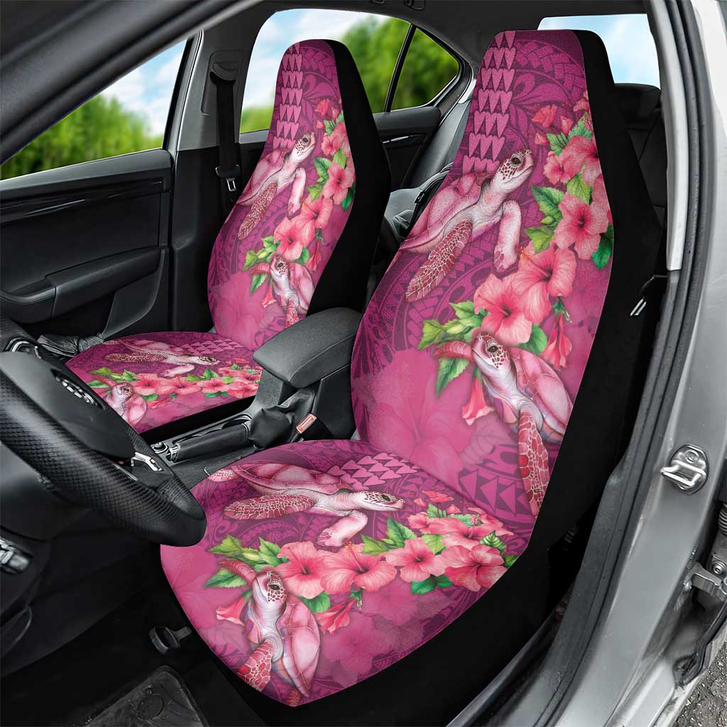Hawaiian Turtle Love Couple Car Seat Cover - Sweet Hibiscus and Kakau Pattern Rose Color LT03 - Polynesian Pride