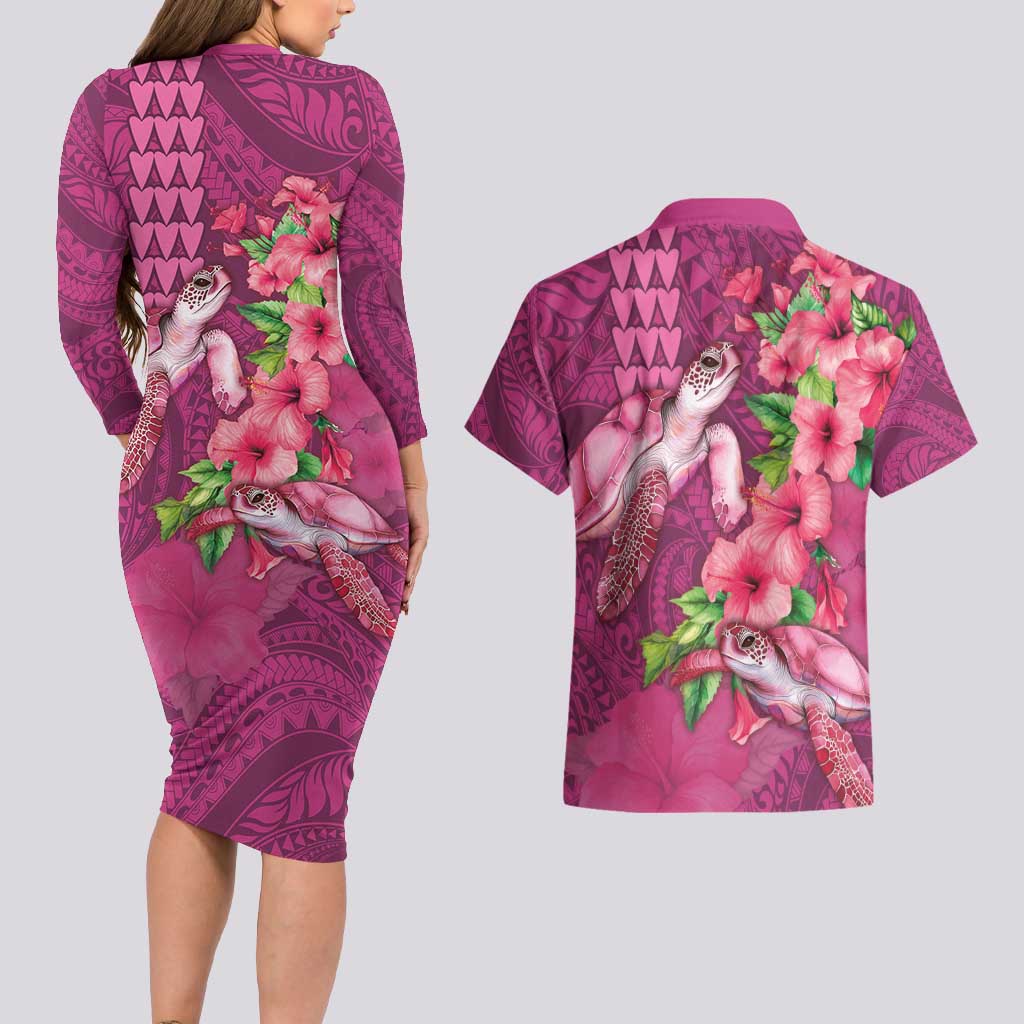 Hawaiian Turtle Love Couple Couples Matching Long Sleeve Bodycon Dress and Hawaiian Shirt - Sweet Hibiscus and Kakau Pattern Rose Color LT03 - Polynesian Pride
