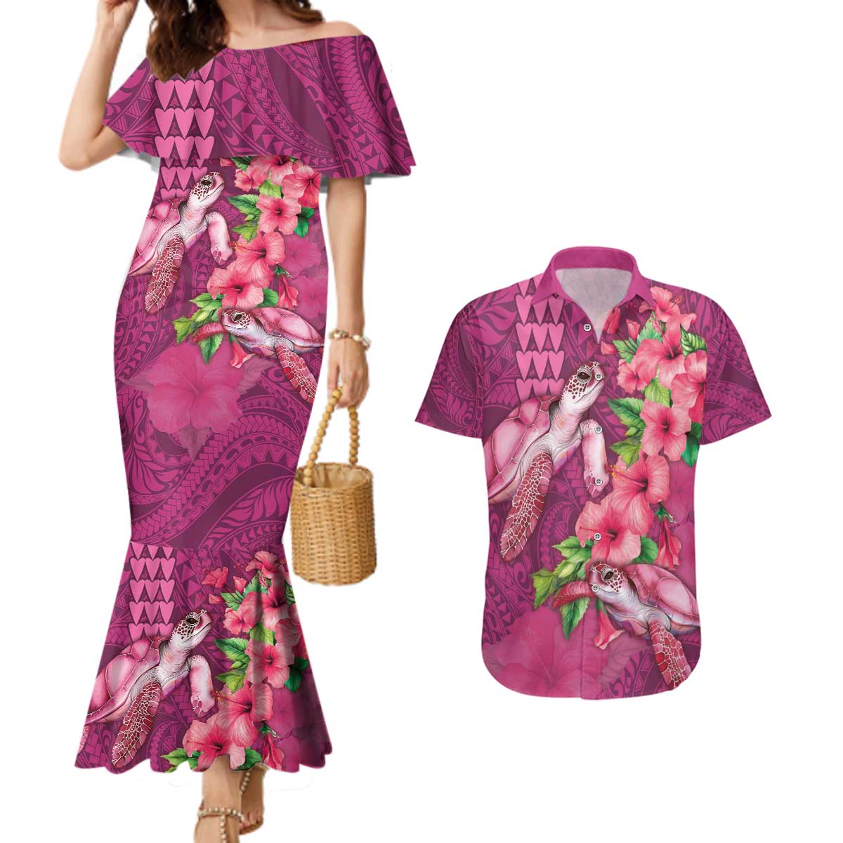 Hawaiian Turtle Love Couple Couples Matching Mermaid Dress and Hawaiian Shirt - Sweet Hibiscus and Kakau Pattern Rose Color LT03 Pink - Polynesian Pride