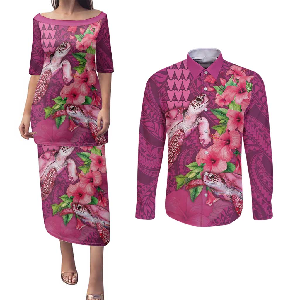 Hawaiian Turtle Love Couple Couples Matching Puletasi and Long Sleeve Button Shirt - Sweet Hibiscus and Kakau Pattern Rose Color LT03 Pink - Polynesian Pride